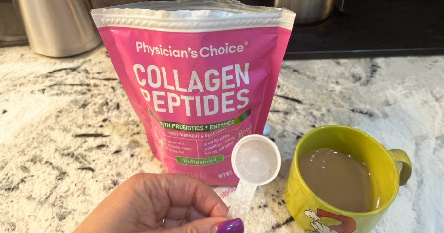 person putting collagen powder in cup of coffee
