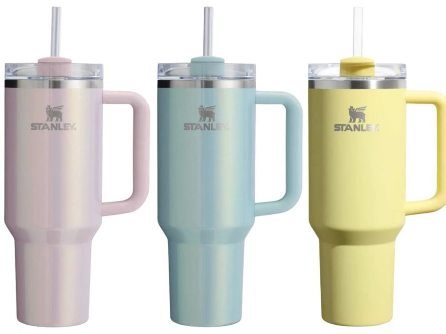 aster, blue, and yellow stanley tumbler stock images