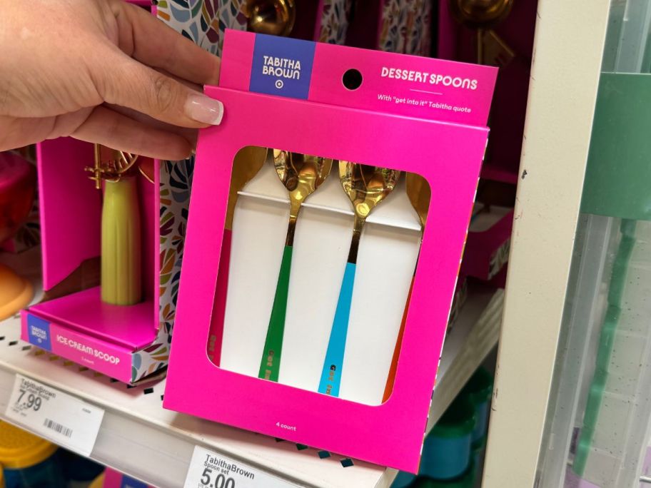 Tabitha Brown 4-Pack Dessert Spoon Set box in hand in store