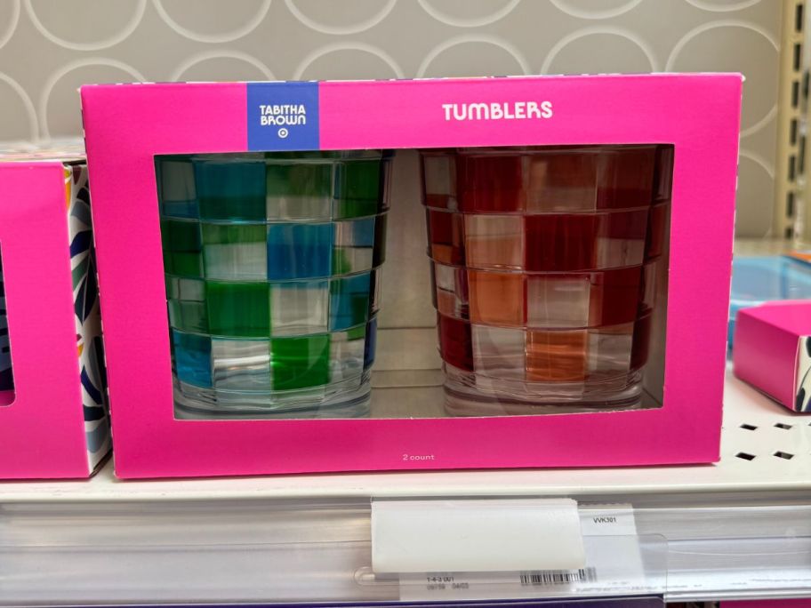 Tabitha Brown 2-Pack Checkered Plastic Tumblers in box in shelf in store