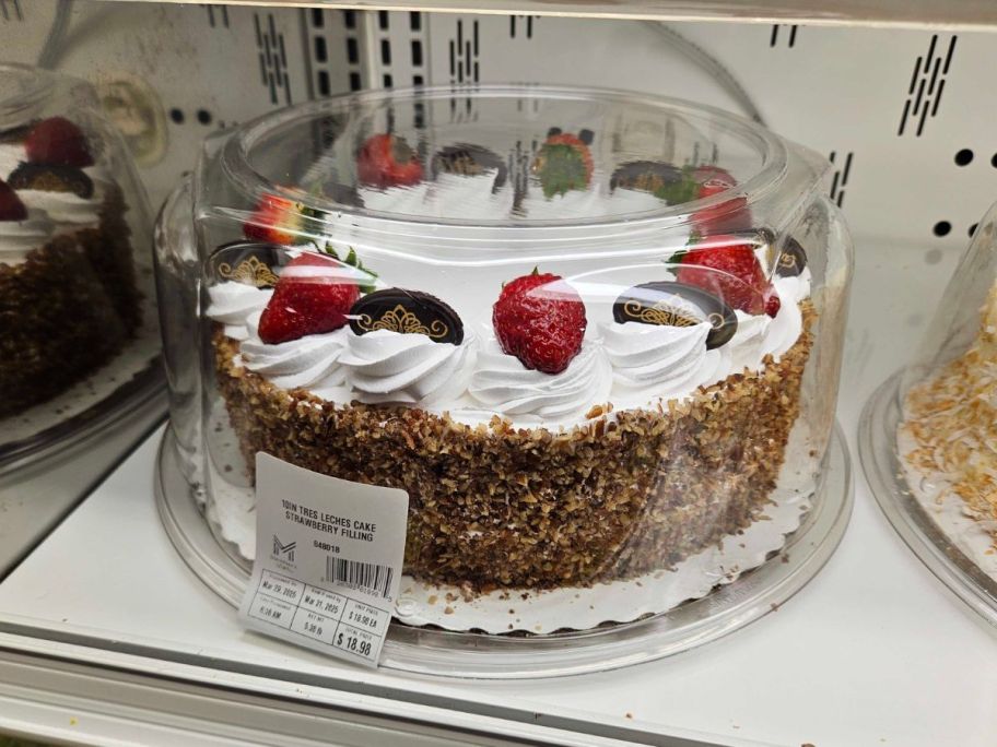 Tres Leches Style Cake in container in cooler in store