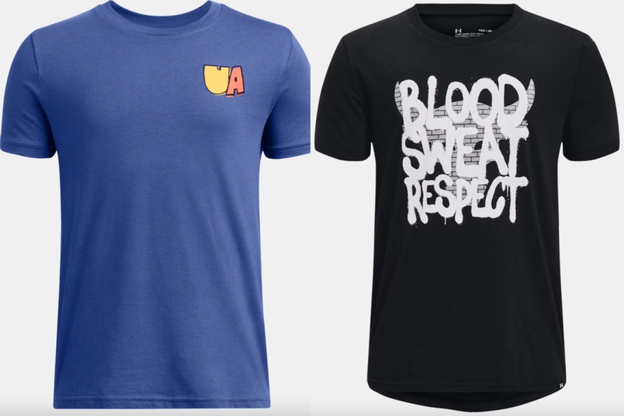blue tee and black tee with blood sweat respect words