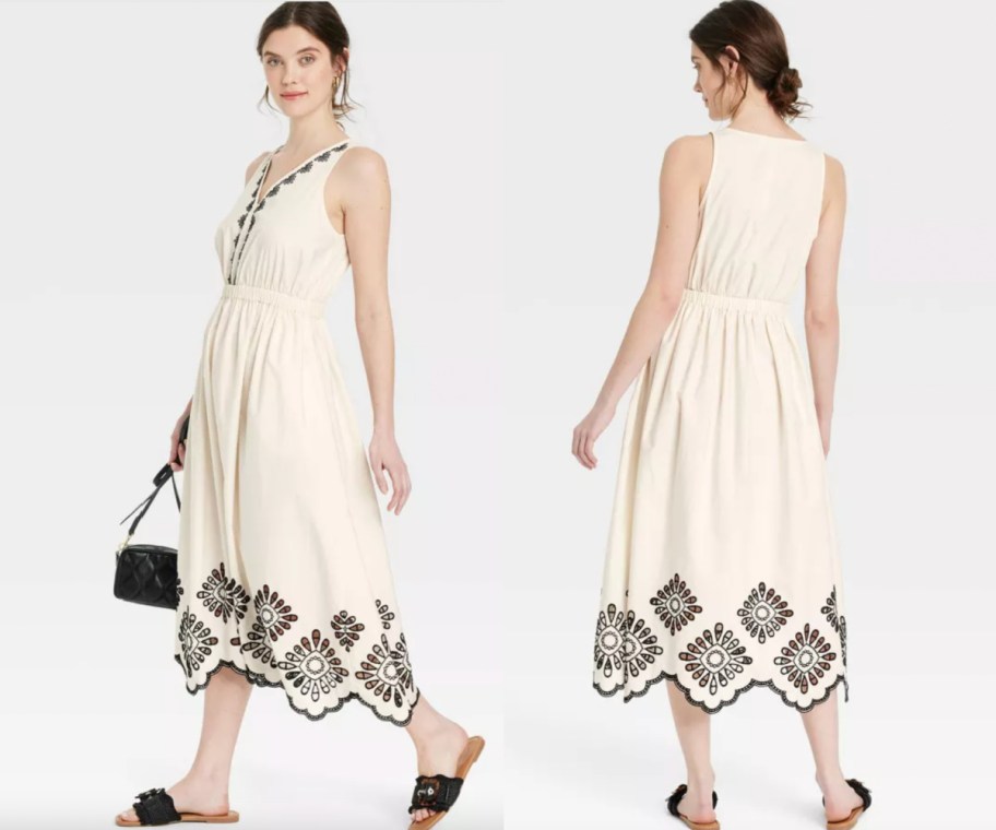 side and back of black and white eyelet maxi dress