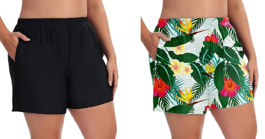 2 women wearing swim shorts