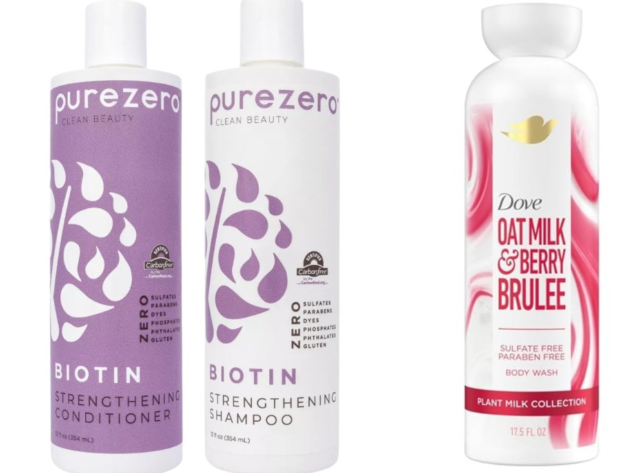 bottles of PureZero shampoo and conditioner and Dove body wash