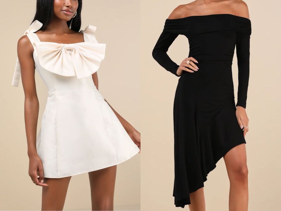 woman wearing a white cocktail dress with a bow and woman wearing a black asymmetrical midi style dress
