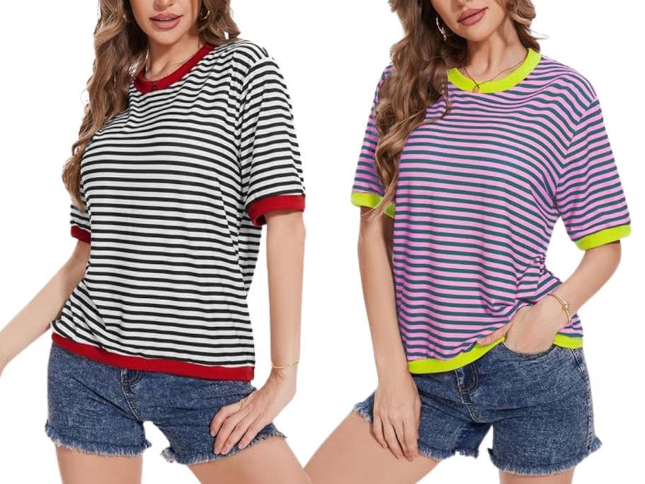 2 women wearing mutli color striped tshirts