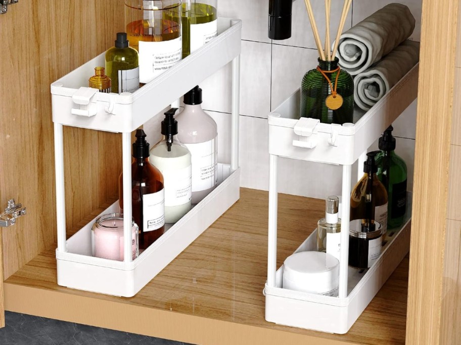 slim 4-tier cart shelves being used as under the cabinet storage