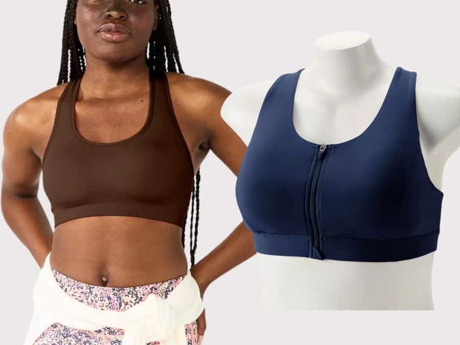 woman wearing a brown sports bra and a blue sports bra on a mannequin 