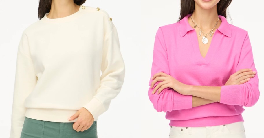 woman wearing a cream sweater and woman wearing a pink pullover sweater