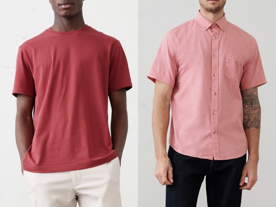 man wearing a red tshirt and khaki's and man wearing a pink button down shirt and black pants