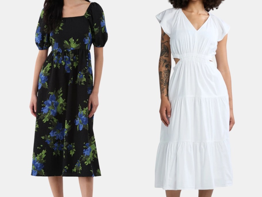 woman wearing a black floral dress and woman wearing a white dress with flutter sleeves