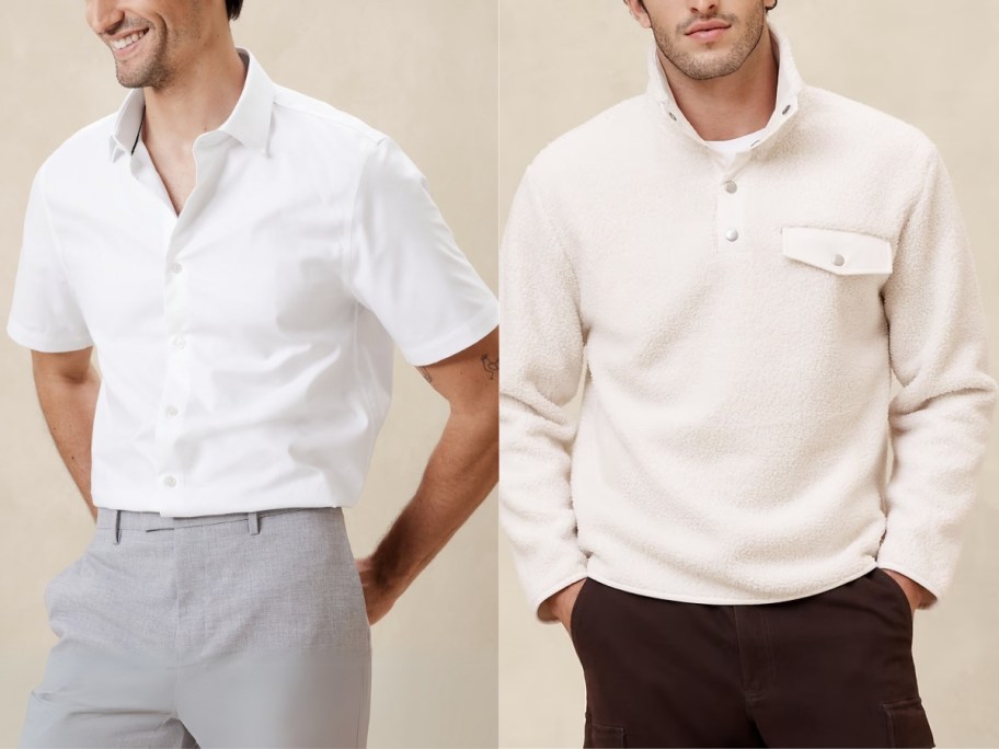 man wearing a white button down shirt and grey pants and man wearing a cream pullover top and black pants