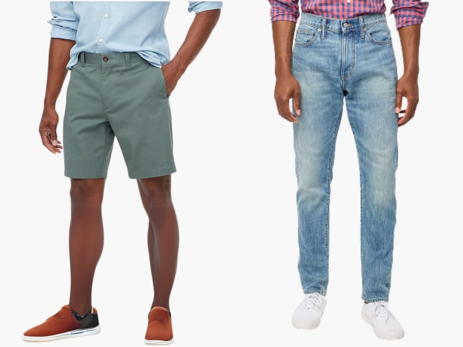 man wearing green shorts and man wearing light wash jeans