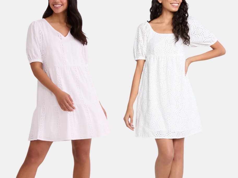 2 women wearing short sleeve eyelet dresses