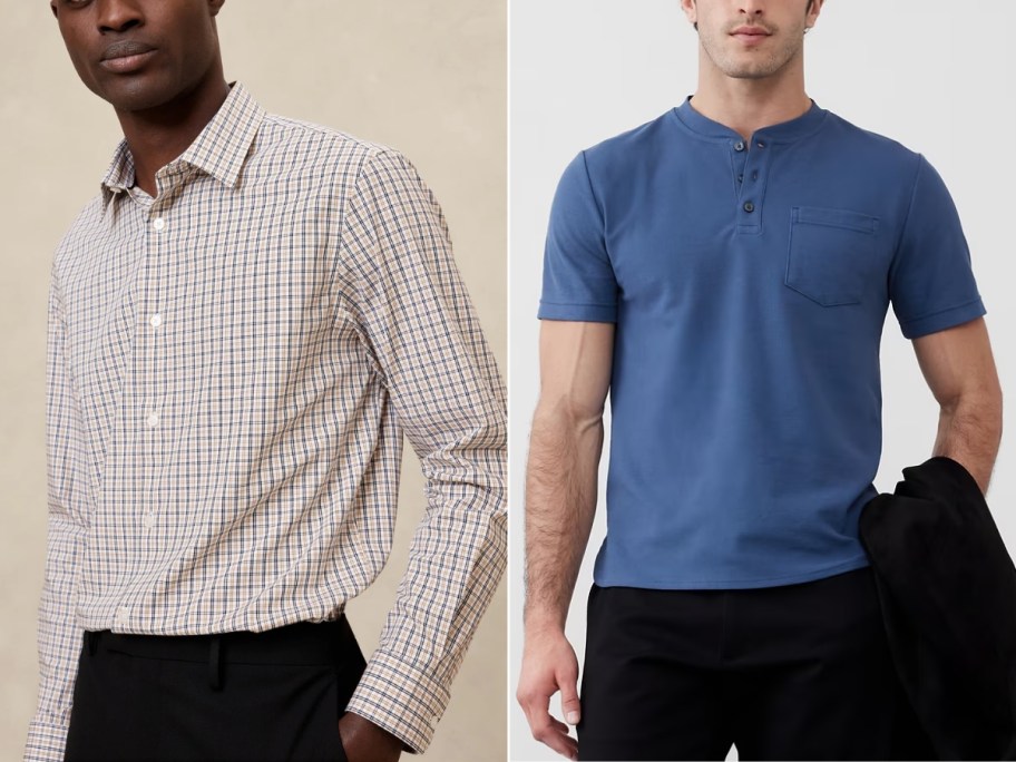 man wearing a plaid button down shirt and black pants and man wearing a blue henley shirt and black pants