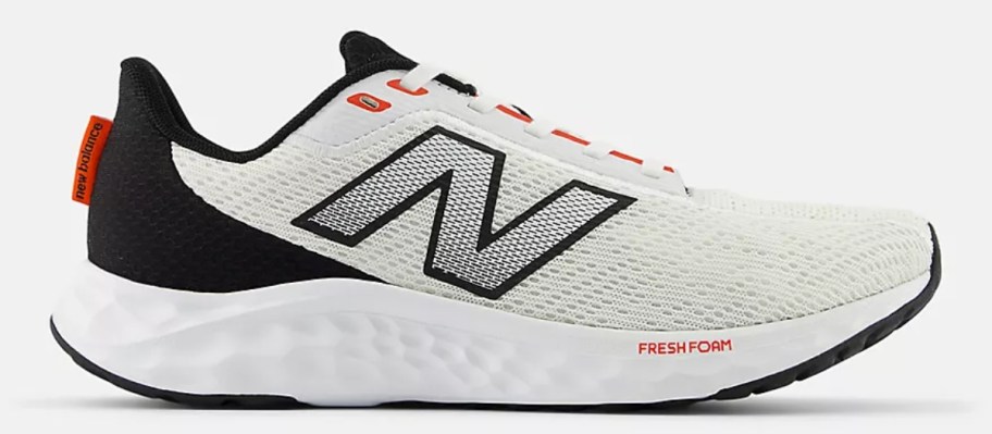 a white, grey, red, and black men's New Balance Sneaker