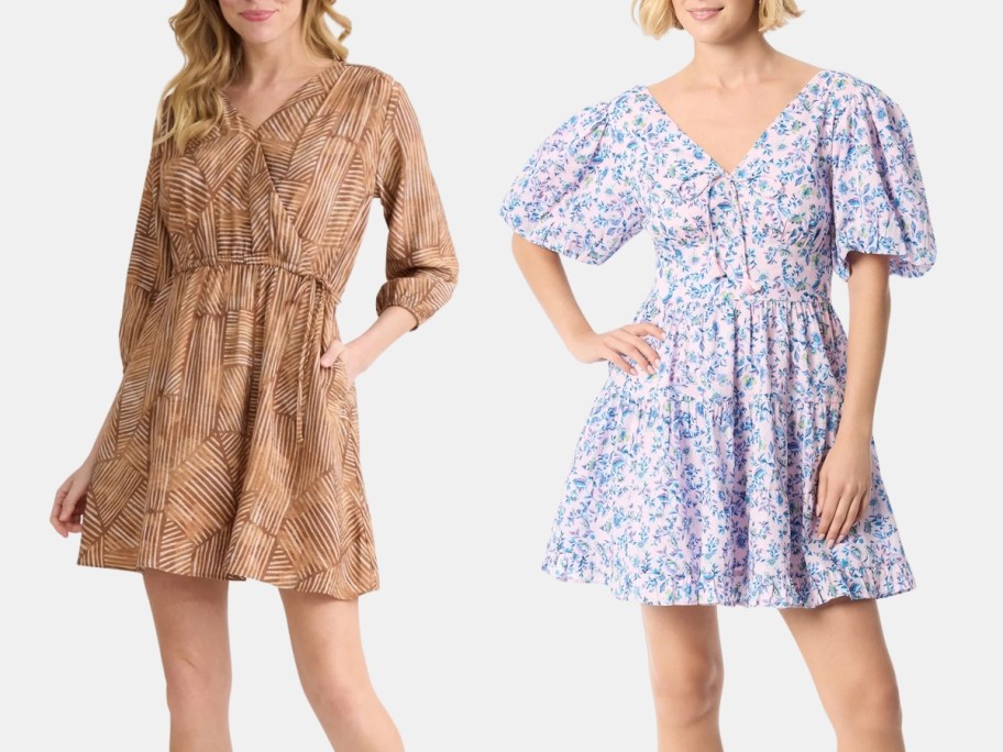 woman wearing a tan floral wrap dress and woman wearing a blue floral puffy sleeve dress