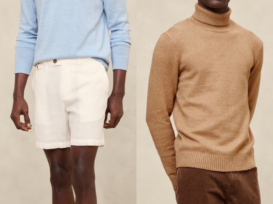 man wearing linen shorts and a blue top, man wearing a tan turtleneck sweater and brown pants