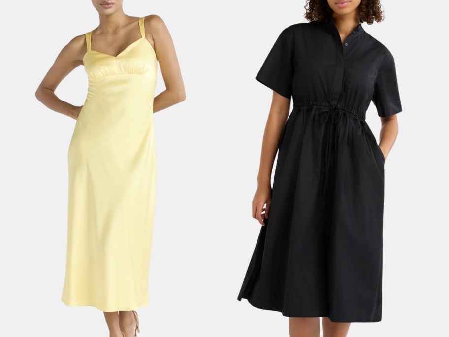 woman wearing a yellow sleeveless slip dress and woman wearing a black tie waist dress
