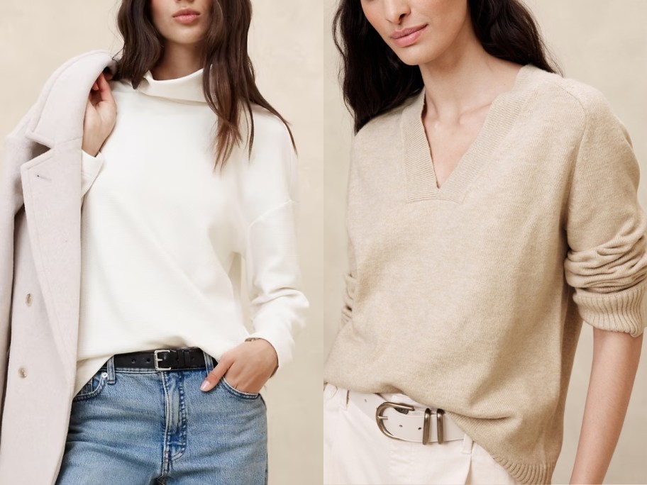 woman wearing a white tunic shirt, jeans and jacket and woman wearing a tan vneck sweater and cream pants