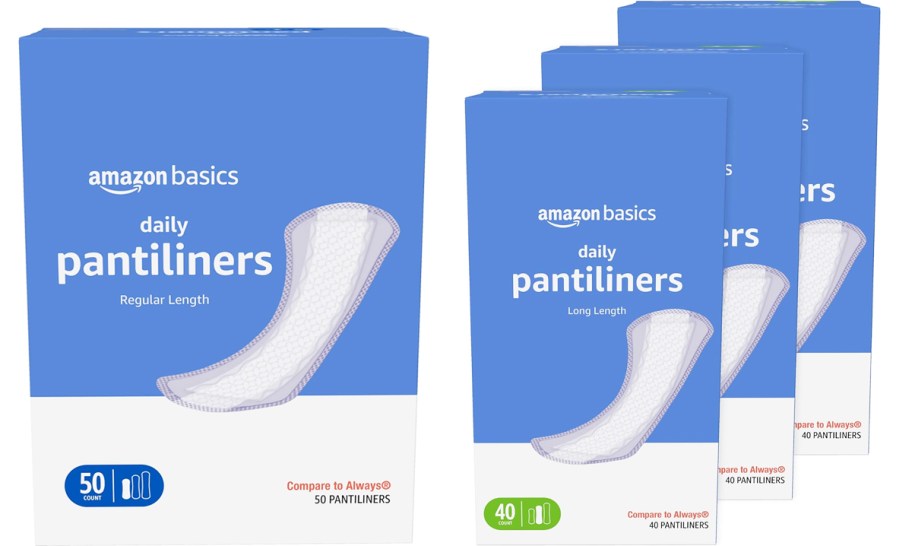 blue and white boxes of Amazon Basics Pantiliners