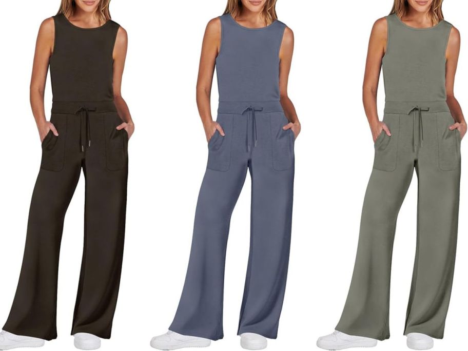 Stock images of 3 women wearing Anrabess Women's Wide Leg Rompers in brown, dusty blue and army green colors