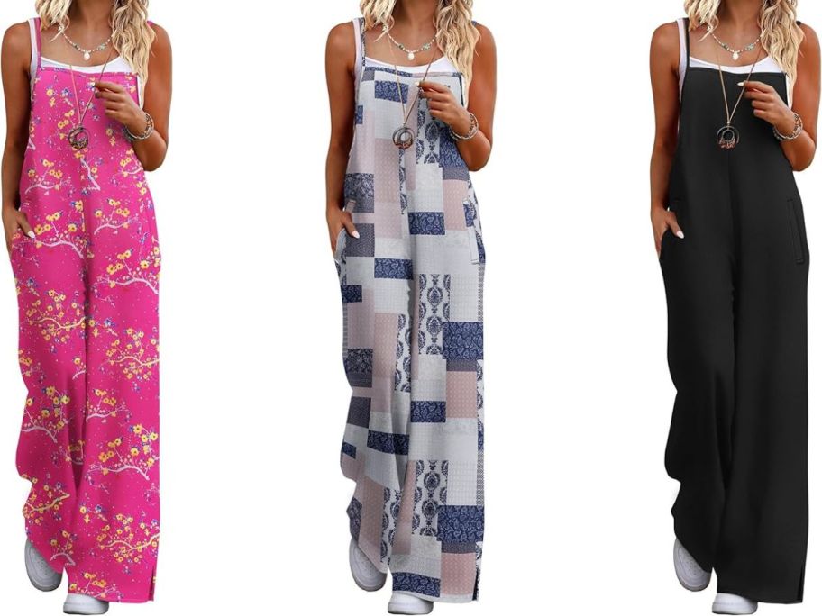 Stock images of 3 women wearing Ekouaer Women's Wide Leg Sleeveless Rompers in pink floral, blue patches, and black colors
