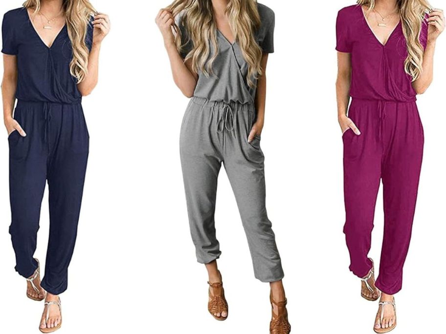 Stock images of 3 women wearing PrettyGarden Short Sleeve Rompers in navy, gray and plum colors