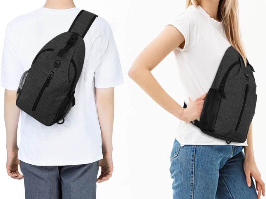 two people wearing black sling bags 