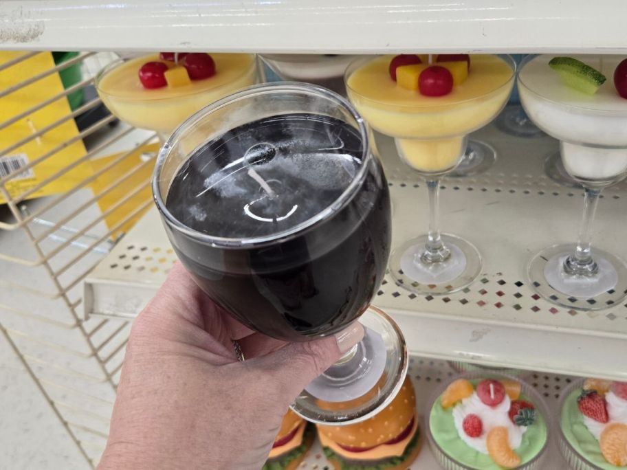 A candle that looks like a glass of wine
