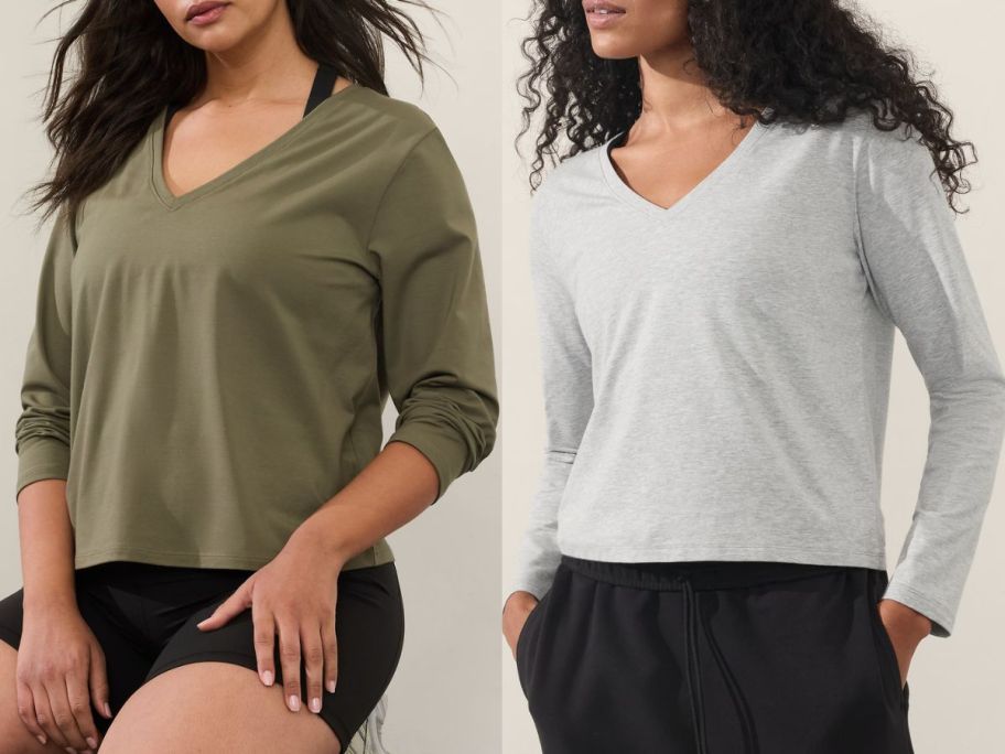 two women wearring Athleta Essential V-Neck Tops