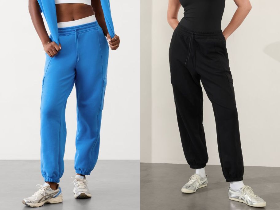 two women wearing Athleta Forever Fleece High Rise Cargo Joggers