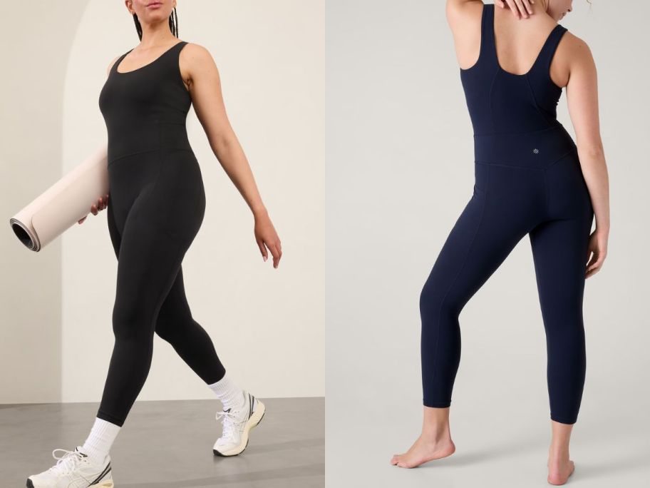 Two women wearing Athleta Salutation Stash 7/8 Bodysuits