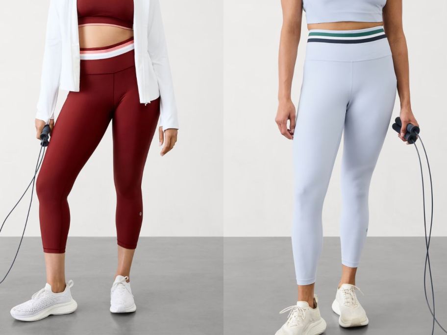 Two women wearing Athleta Interval Stash High Rise Stripe 7/8 Legging