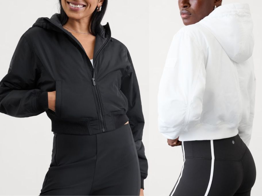 two women wearing Athleta Lucent Bomber Jackets