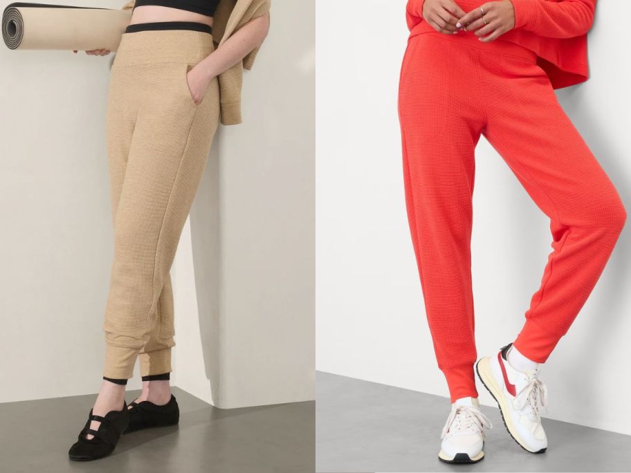 two women wearing Athleta Coaster Luxe Waffle High Rise Joggers