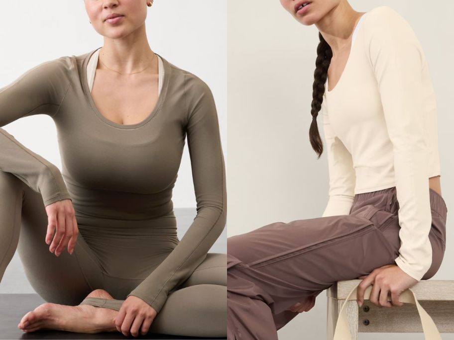two women wearing Athleta Transcend Tops