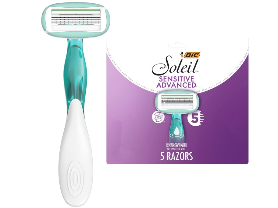 teal and white razor next to a purple box of razors