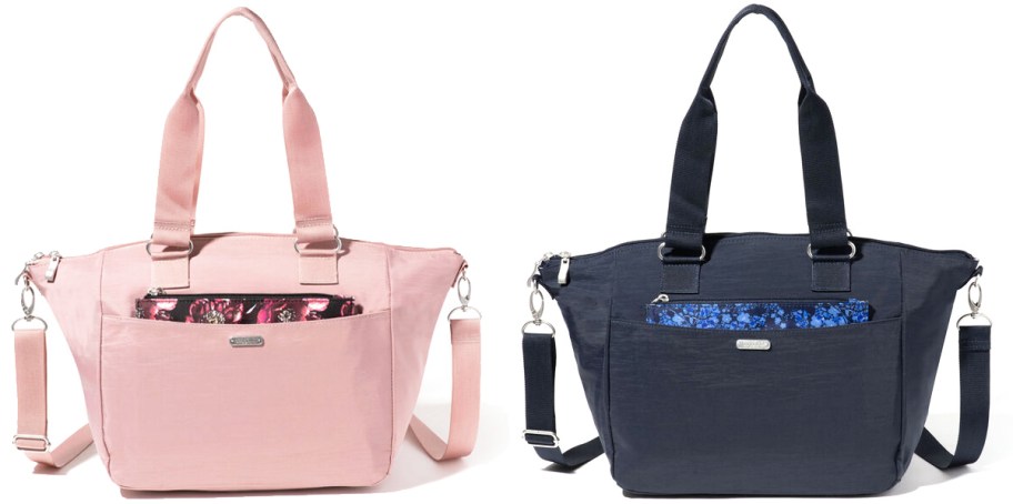 pink and navy blue tote bags with crossbody straps