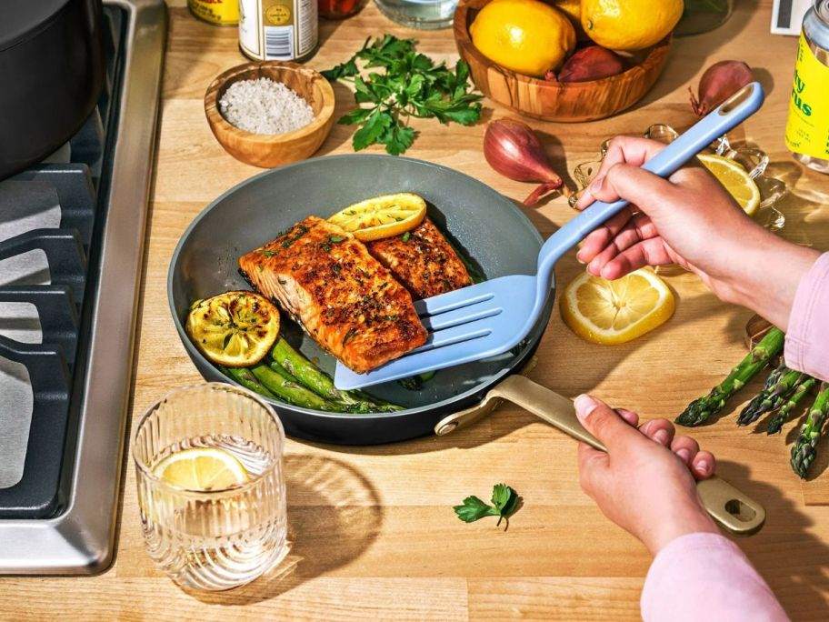 Beautiful by Drew Barrymore Frying pan with salmon in it