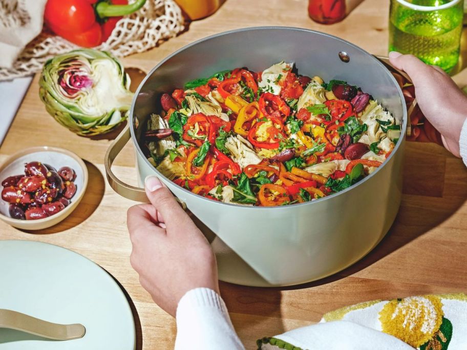 Beautiful by Drew Barrymore Dutch oven filled with colorful veggies