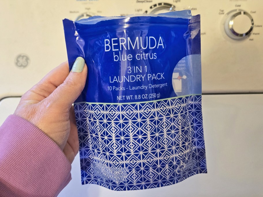 hand holding a blue bag of Bermuda Blue Citrus 3-in-1 Laundry Packs in front of washing machine