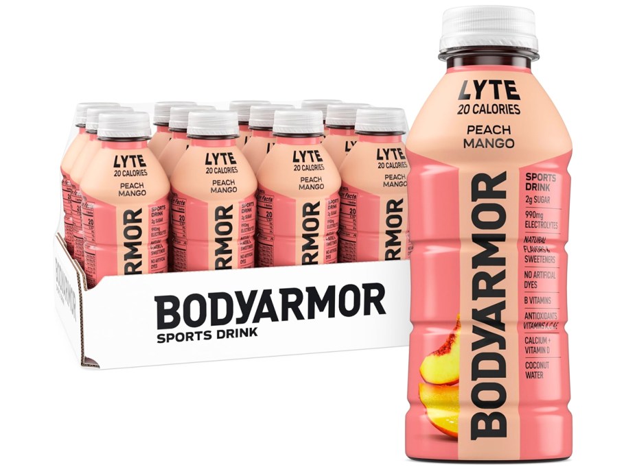 case of BodyArmor LYTE Sports Drinks with large bottle in front of it