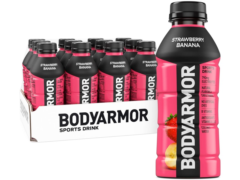 case of BodyArmor Sports Drinks with large bottle in front of it