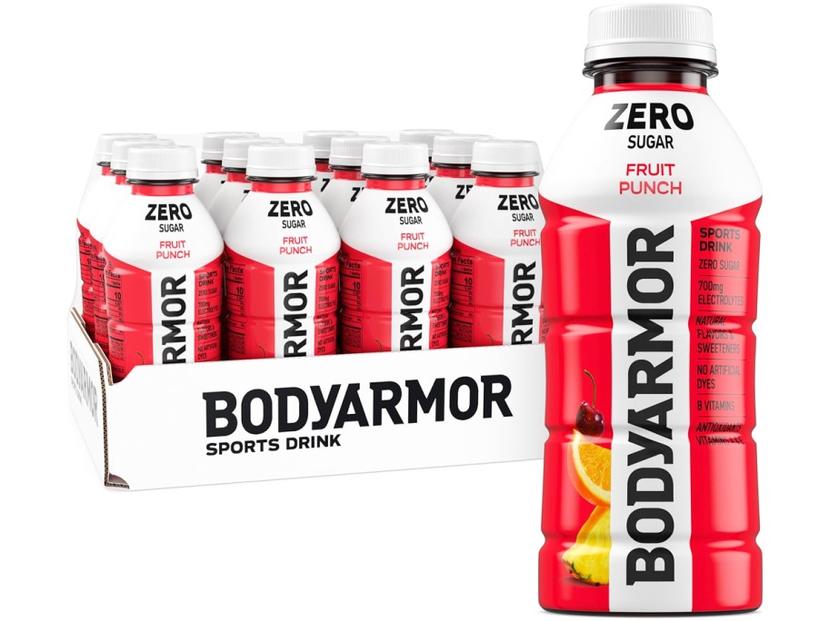 case of BodyArmor ZERO Sports Drinks with large bottle in front of it