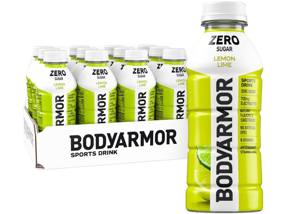 case of BodyArmor ZERO Sports Drinks with large bottle in front of it