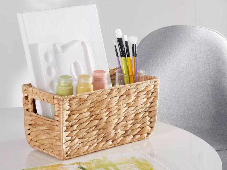 Brightroom Woven Water Hyacinth Rectangular Basket filled with art supplies