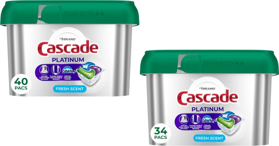 stock images of Cascade Platinum Dishwasher Pods in two sizes