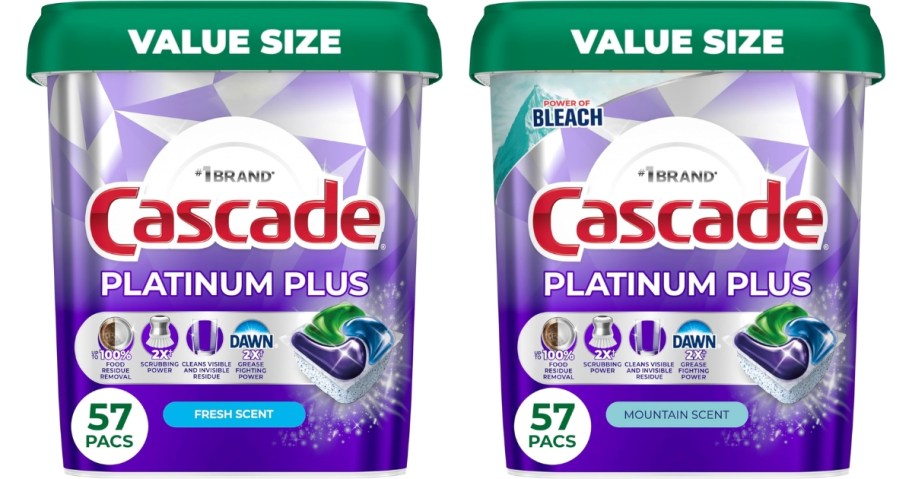 stock images of Cascade Platinum Plus Dishwasher Pods in fresh and mountain scent